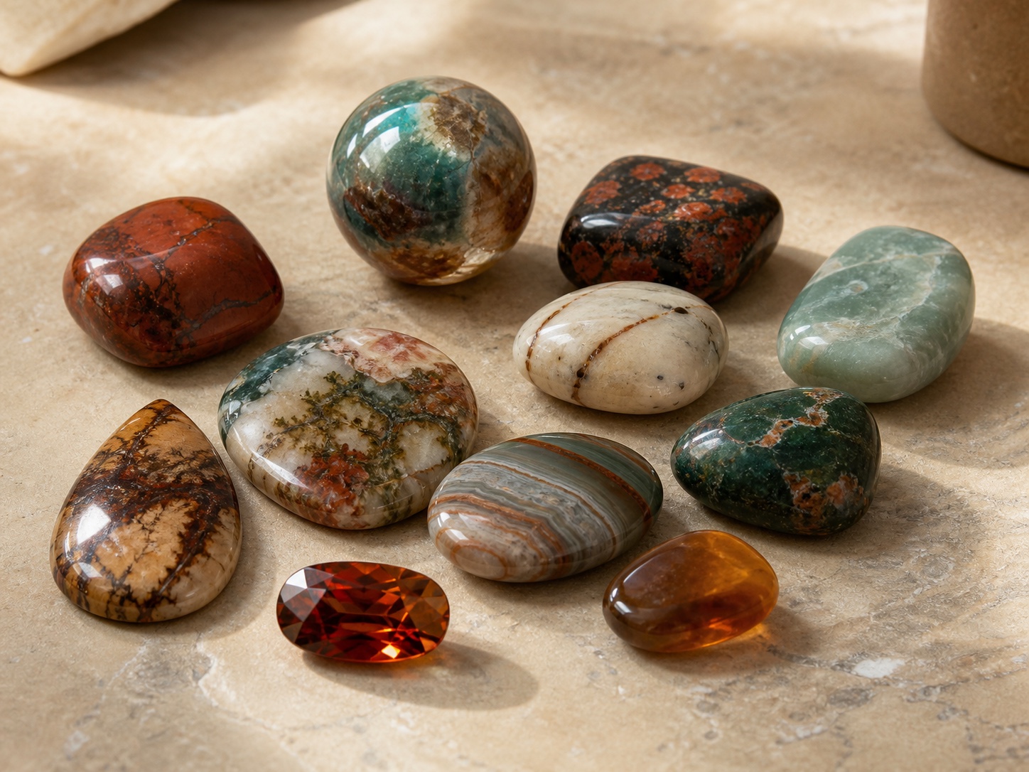 Polished cabochons, tumbled stones, a stone sphere, and a faceted gemstone
